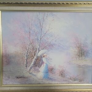 Walton Original Signed Oil Painting "Romantic Lady By The Lake"